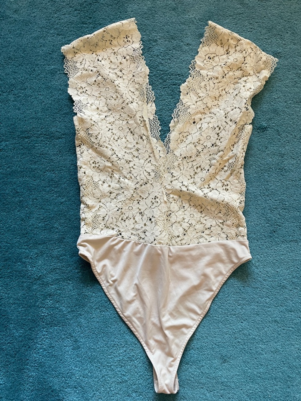 Zara Lace Plunge V-Neck Bodysuit in Cream
